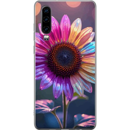 Kompatibelt Mobildeksel til Huawei P30 Irideserende blomst med glitrende kronblad i rosa lilla og gull mot myk bokeh bakgrunn