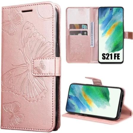 Fodral för Samsung Galaxy S21 FE, stötsäkert skydd Rosa syntetiskt läder fjärilsmönster (ej för S21)