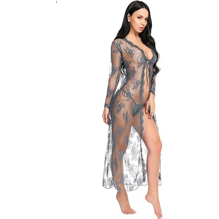 2025 Senaste Modell Underkläder för Kvinnor Sexig Lång Spetsklänning Genomskinlig Morgonrock Kimono