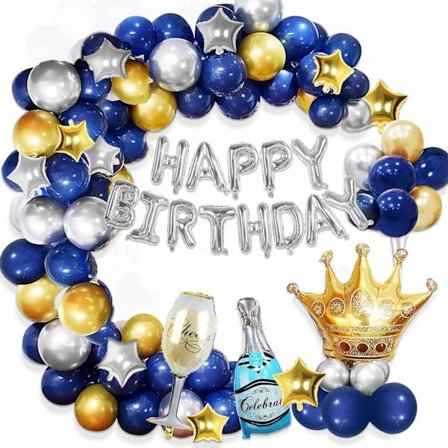 Fødselsdagspynt til mænd - Marineblå og guld - Fødselsdagsfestdekorationer til drenge - Ballonbue-sæt - Marineblå, guld og sølv - Festartikler til 