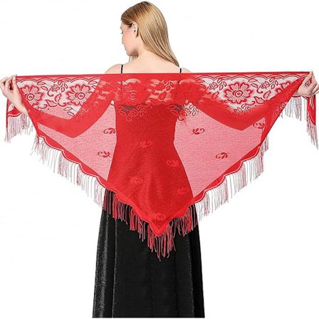 Röda triangulära spetssjalar och omslag för aftonklänningar med tofsar för kvällsparty