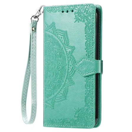 Etui til iPhone 14 Pro Grønn (med kort håndstropp) Source Flip 3D preget stativ i lær