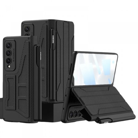 For Samsung Galaxy Z Fold 3 Etui Hengselbeskyttelse, med S Pen Holder, Luksus Lær Hybrid Hard PC Innebygd Glass Flip Kickstand Etui
