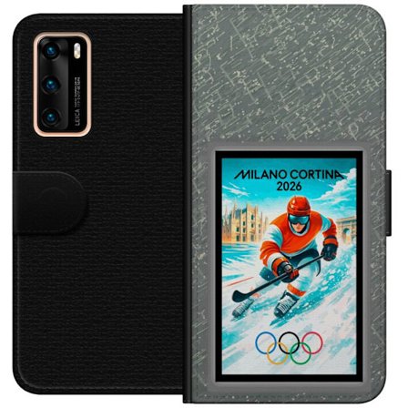 Yhteensopiva Lompakkokotelo Huawei P40 Curlingkuvitus pelaajilla ja kivillä jäällä, Milano Cortina 2026, lumisia roiskeita ja olympiasormukset