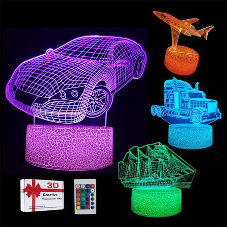 3D Bil Nattelys, 16 Fargeendringer, Justerbar Fjernkontroll/Smart Berøring, 4 stk 3D Hologram Illusionslampe, Sportsbil USB-lys (Reiseverktøy)