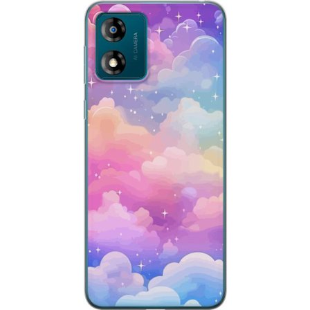 Kompatibelt Mobildeksel til Motorola Moto E13 Søt enhjørning med regnbuefarget hår mot en stjernebelagt pastellbakgrunn i kawaii-stil