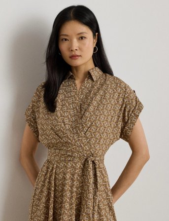 Lauren Ralph Lauren Geo-Print Belted Crepe Dress - Brown - 34