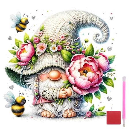 Gnome Diamantmaleri Sæt til Voksne, DIY 5D Diamantkunst Sæt til Begyndere Fuld Rund Bor, Bier og Blomster Diamantprikker Krystal til 
