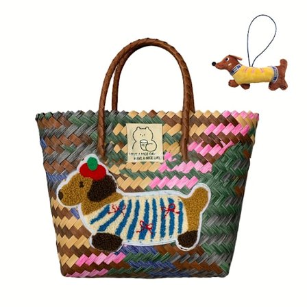 2 stk. [Geometrisk Tote Bag] Håndvevd geometrisk mønstret tote bag med anheng med bambushåndtak | Ufôret, faste skulderstropper