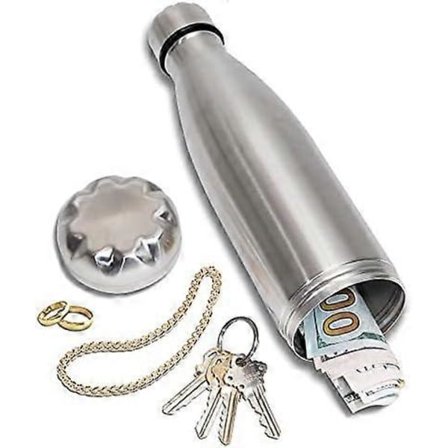 Stash-it Piilopullo, Vesi-pullo piilopaikalla, Ruostumattomasta teräksestä valmistettu juomapullo, jossa piilopaikka rahalle, Huomaamaton huijaus 