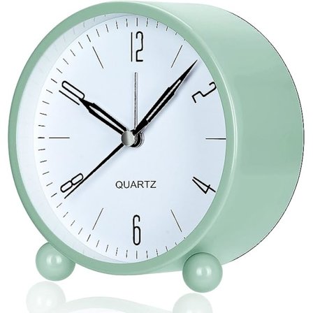 Väggklocka, 4 tum stor urtavla, enkel rund väckarklocka i metall, snygg väckarklocka för nattduksbord, ingen tickande, inget ljud, batteridriven (grön