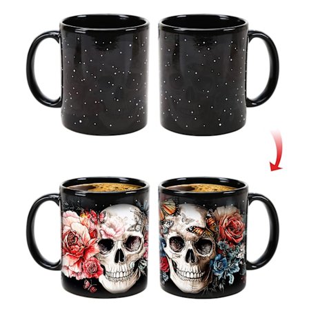 Sukkerkranie Magisk Krus - Varmeaktiveret Farveskiftende Kaffekop (330 ml), Blomstret Dag af de Døde Design Afslører Livlige Farver - Unik
