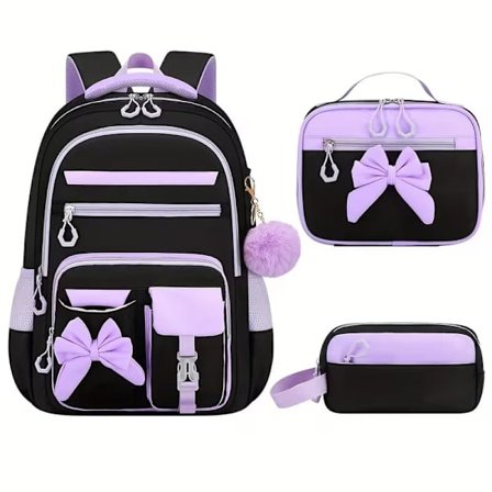 3-delt Ryggsekksett for Kvinner med Sløyfe, 15,6 Tommers Laptopryggsekk, Romslig Skolesekk med Lommer