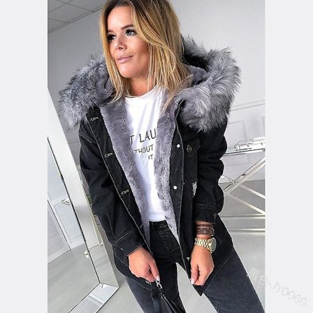 Vinter Tyk Jeansjakke Dame Casual Langærmet Pels Krave Hætte Varmt Frakke W