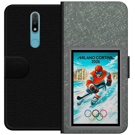 Yhteensopiva Lompakkokotelo Nokia 2.4 Curlingkuvitus pelaajilla ja kivillä jäällä, Milano Cortina 2026, lumisia roiskeita ja olympiasormukset