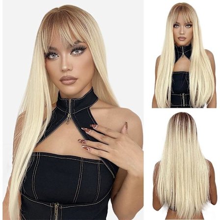 26 tommer lys blond paryk med pandehår til kvinder syntetisk naturlig