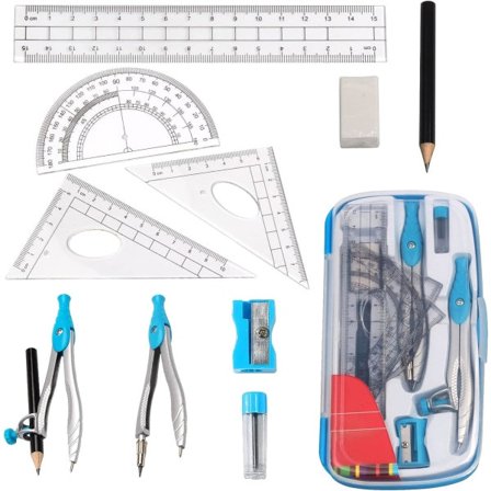 Matematikksett, 10 deler gradskive geometrisett, metallpasser matematikk med viskelær linjal, gradskive og passersett, matematikksett (blå)