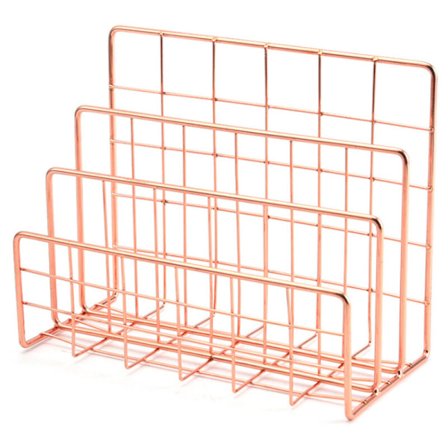 Roséguld kontorshylla i tre lager, metallbokblock, skrivbordstidningshylla, bokställ