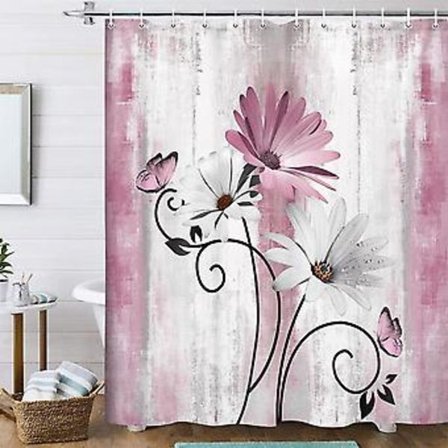 Rustiikki maalaistalon suihkuverho, maalaistalon vaaleanpunaiset päivänkakkarat ja perhonen ruusupuun värisellä suihkuverholla, 12 kpl koukut, 70x70 
