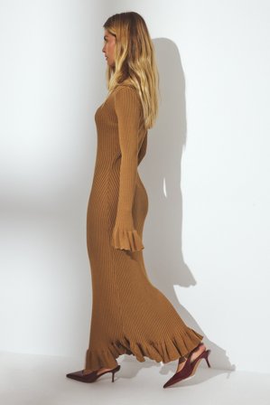 NA-KD Strick-Midikleid mit Schlüssellochausschnitt und Rüschen - Herbstkleider - Beige - XL (EU 46)