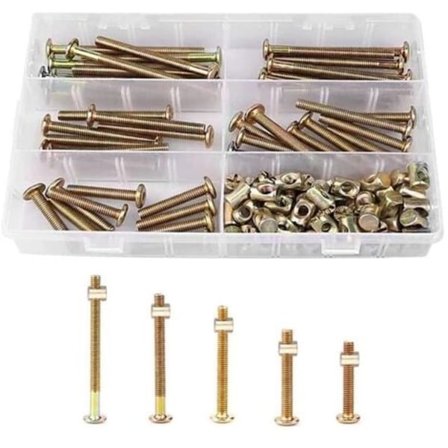 TS-25 Stk. Sekskantbolte, Bolte med 25 stk. Cylinderformede Møtrikker, Bolte med Sortimentssæt af Cylinderformede Møtrikker, til Møbler, Senge
