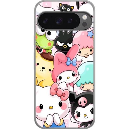 Kompatibelt Mobildeksel til Google Pixel 9 Pro XL Tett mønster av søte figurer med store øyne i ulike farger og uttrykk med LABUBU-tekst