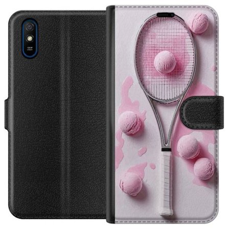 Kompatibel Tegnebogsetui til Xiaomi Xiaomi Redmi 9A Rosa glaskugler og tennisketsjer i et kreativt stillbillede med legende popfølelse og moderne des