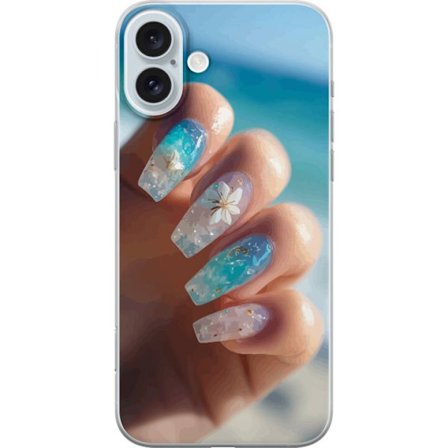 Kompatibelt Mobilskal till Apple Apple iPhone 16 Plus Blå naglar med glitter och blomma – Havsinspirerad nageldesign