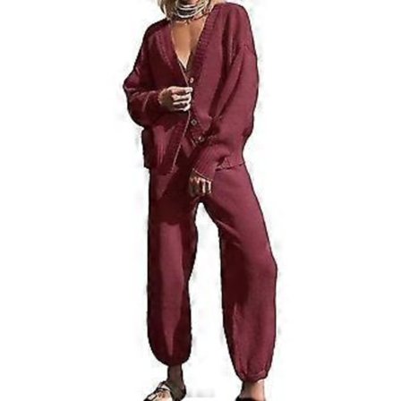Dame 2-delt Strik Sæt V-hals Langærmet Sweater Cardigan Jakker Toppe Vide Ben Bukser Træningsdragt Sæt Loungewear Burgundy XL(XL Burgundy)