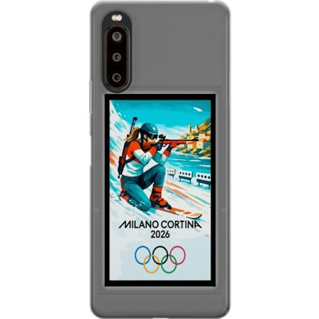 Yhteensopiva Puhelinkuori Sony Xperia 10 II Retrojuliste Cortina Milano 2026 vuorilla, talviurheilijoilla, italiankoloreilla, Milanon tuomiokirkolla j