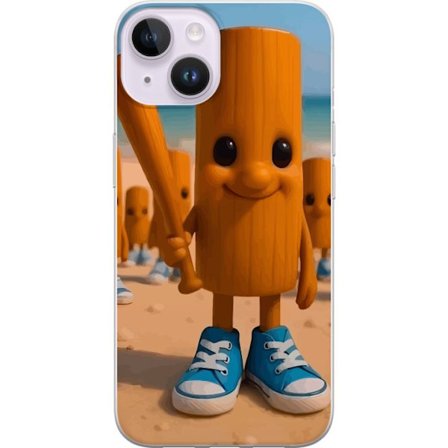 Apple iPhone 14 Gennemsigtig cover Italiensk hjerneområde strandtema - Træfigur med blå sko og baseballbat