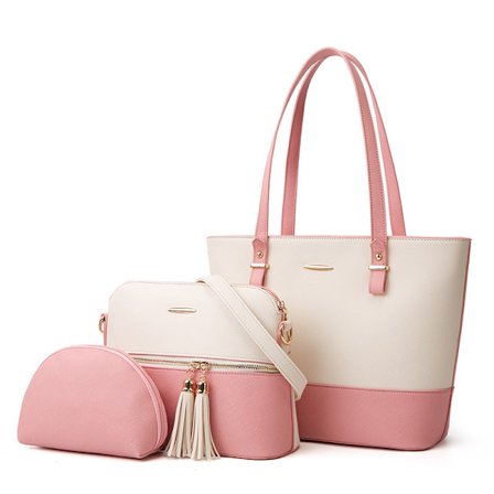 3 stk. Damer Mote Håndvesker Lommebok Tote Bag Skulderveske Topphåndtak Satchel Pursesett - Hvit og rosa
