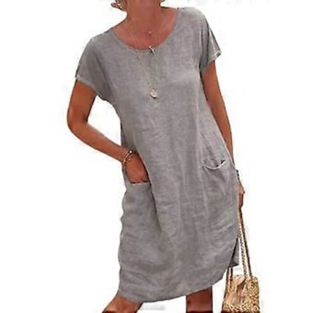 Kvinners Hawaiiske Kjole Bomullslin Kjol Casual Kort Erme Rund Hals Stor Swing Kjol Shorts Elegant (S grå)
