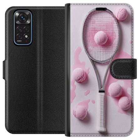 Kompatibel Tegnebogsetui til Xiaomi Xiaomi Redmi Note 11 Rosa glaskugler og tennisketsjer i et kreativt stillbillede med legende popfølelse og modern