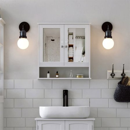 Badeværelsesskab med spejl og hylder - Hvid