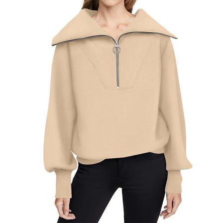 Ladies Front Zip Lapel Ribbed Sweatshirt Enfärgad Jumper Tops