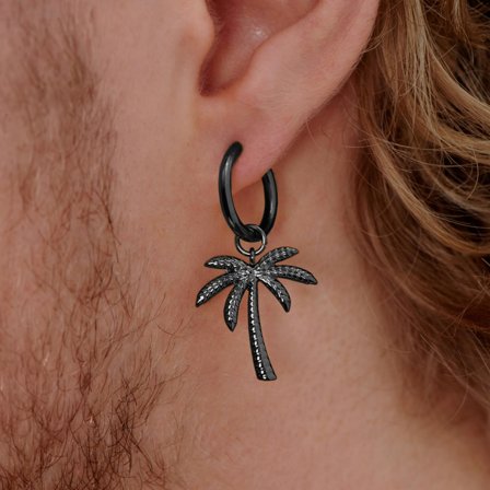 Pendiente de aro de acero negro con colgante de palmera para hombres - Pendientes de aro con colgante