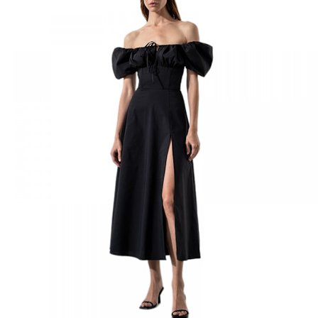 Sommerkjoler for kvinner fransk retro ensfarget firkantet krage hem sexy sidesplit boble erme kjole (svart M)