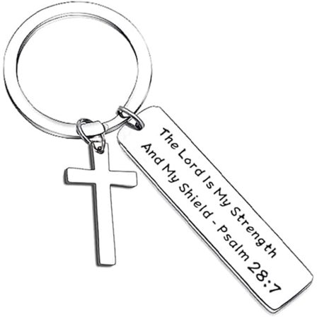 Herren är min styrka och min sköld Psalm 28:7 Kors Nyckelring Gravering Brev med Kors Nyckelring Kristna Nyckelhållare Bibelvers Nyckelring