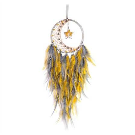 Drømmefanger med fjer til soveværelse, drømmefanger med stjernevedhæng, drømmefanger til ophængning på væggen, håndværksgaver gul