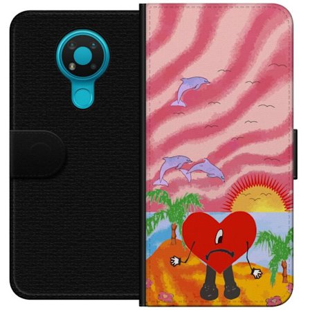 Kompatibel Tegnebogsetui til Nokia 3.4 Bad Bunny i en farverig quiltet jakke med hjertemønster og solbriller i moderne gade stil