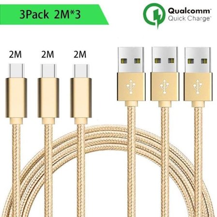 USB Type C-kabel - Uspecificeret - Sæt af 3 - 2M - Guld Nylon - Kompatibel med flere smartphones