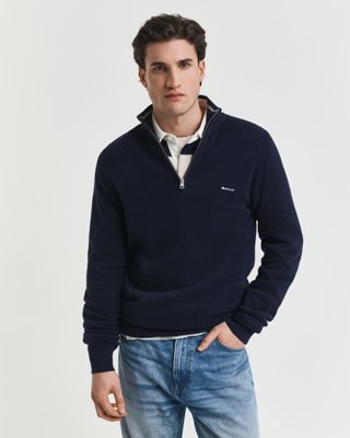GANT - Piquestrikket bomullsgenser med half-zip til herre evening blue