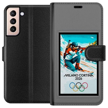 Kompatibelt Lommeboketui til Samsung Galaxy S21 Retroplakat Cortina Milano 2026 med fjell, vintersportsutøvere, italienske trikolor, Milano-katedralen