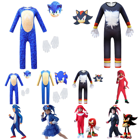 Sonic The Hedgehog Cosplay Halloween Kostume til børn Drenge Piger Jumpsuit+hætte+handske 9-10 år = EU 134-140