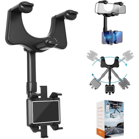 Bilens bakspeiltelefonholder, 2024 Ny oppgradert 360° roterbar og uttrekkbar multifunksjonell bakspeiltelefonholder, universell montering