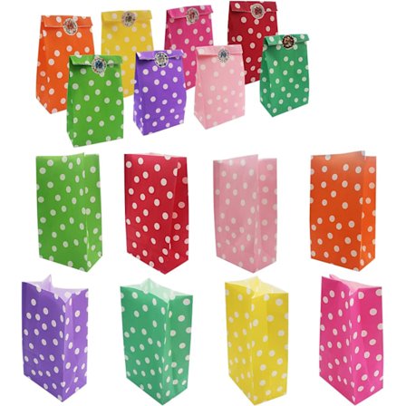 40 stk. farvede kraftgaveposer, fødselsdagsgaveposer, 48 stk. runde klistermærker, gaveposer, kraftpapirposer til slik, kager, nødder, bryllupper