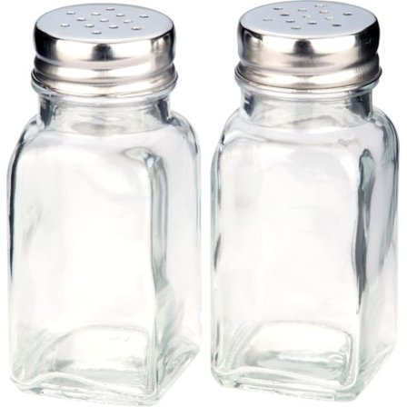 Set med 2 salt- och pepparkvarnar, glas med metall lock, höjd 9 cm, diameter 4 cm