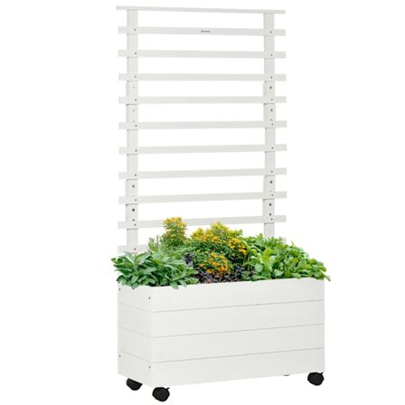 Kasvilaatikko säleikköllä, kukkalaatikko pyörillä, korotettu sänky kiipeilykasveille, luonnonpuu, valkoinen, 76 x 30 x 155 cm puutarhaan