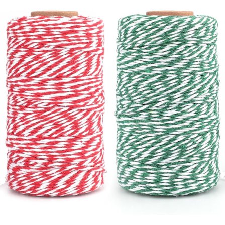 2x100m Grønn Rød og Hvit Bomullssnor, 2mm Bakerhyssing Håndverk Bomullstråd for Baking, Slakting, Matlaging, DIY Kunst og Håndverk